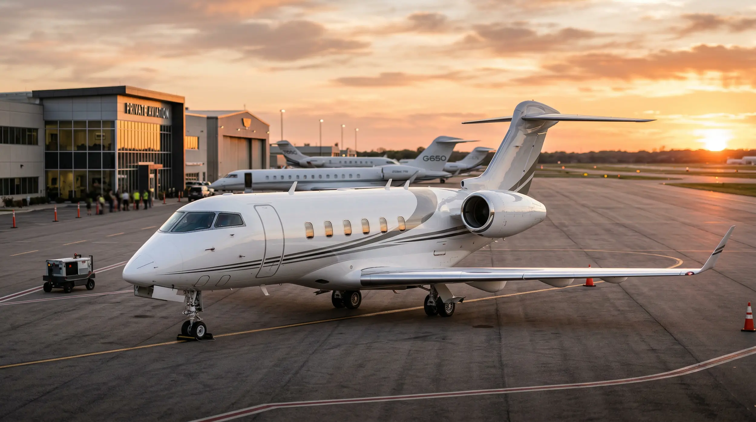 Bombardier Challenger 350 business jet on FBO ramp at sunset
